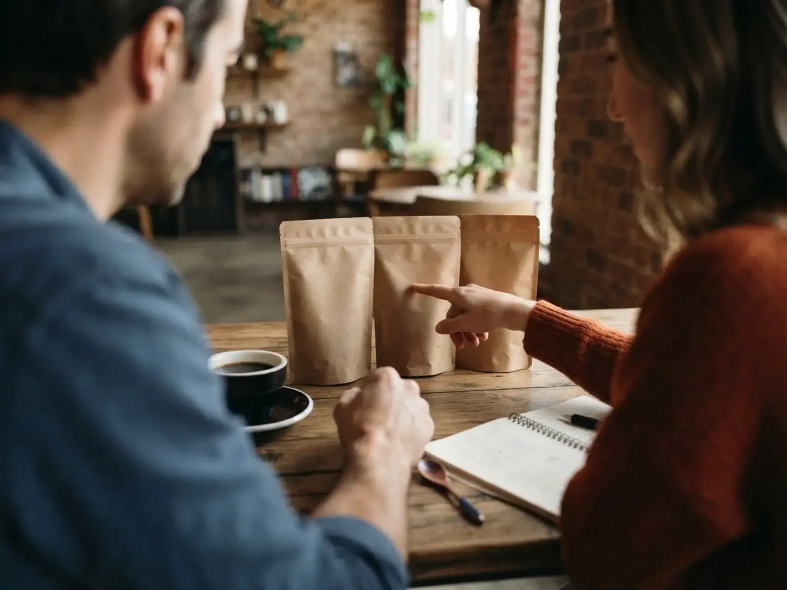 Dos personas comparando tres bolsas de café sobre una mesa de madera mientras una señala una de ellas