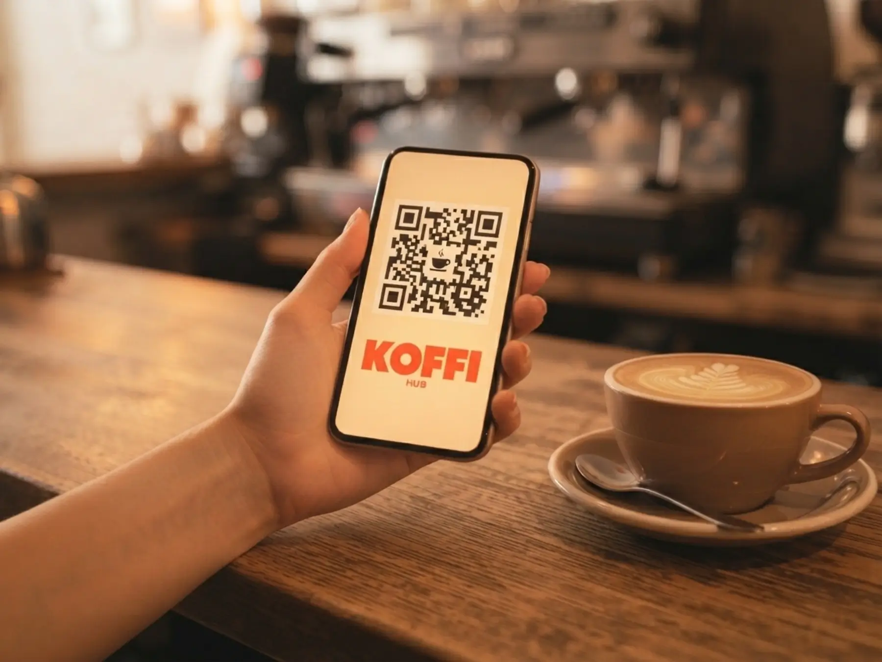 Cliente mostrando el código QR de su consumición en la barra de una cafetería, junto a un cappuccino recién servido
